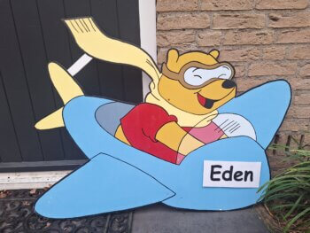 Winnie de Pooh in vliegtuig - geboortebord tuin